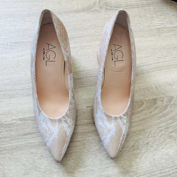 AGL Marble Python Pointed Toe Block Heel Pumps Sz 37.5 - Picture 2 of 5